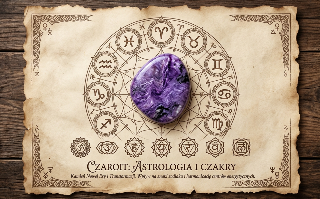 Biżuteria z fioletowym czaroitem w świetle księżyca, symbolika czakr i znaków zodiaku, magiczny kamień