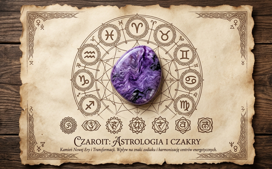 Biżuteria z fioletowym czaroitem w świetle księżyca, symbolika czakr i znaków zodiaku, magiczny kamień