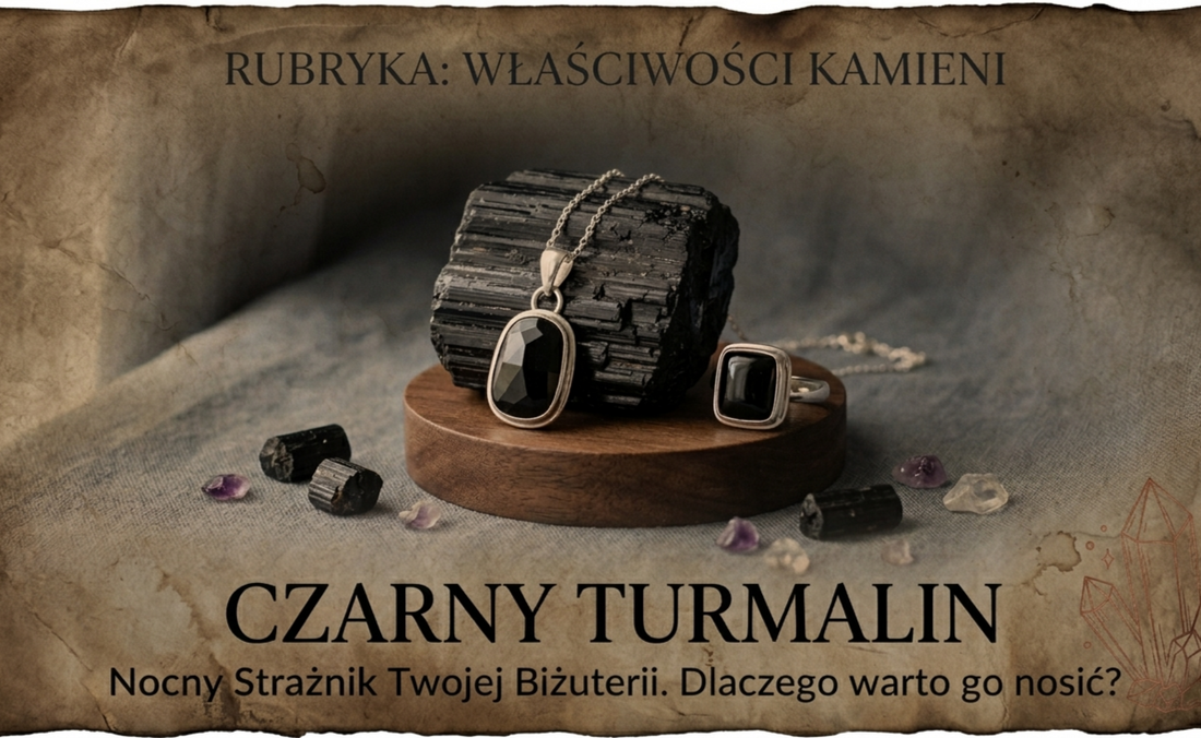 Czarny Turmalin z biżuterią na starym pergaminie 