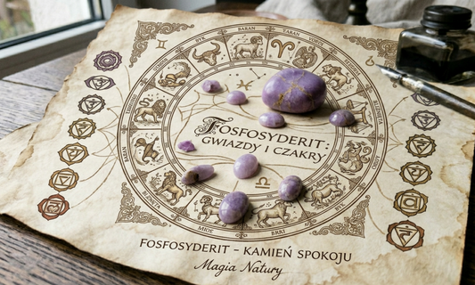 Fosfosyderit na starym pergaminie otoczony zodiakiem i czakrami 