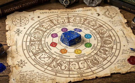 Lapis Lazuli otoczony zodiakiem na starym pergaminie 