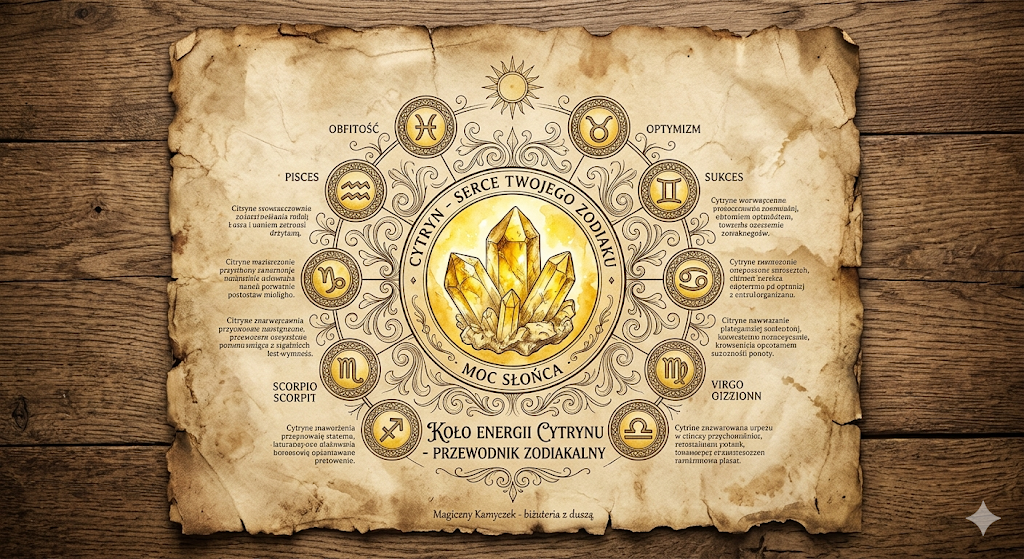 Rycina botaniczna cytrynu i 12 znaków zodiaku na starym pergaminie, kamień sukcesu dla wszystkich znaków, biżuteria z duszą Magiczny Kamyczek