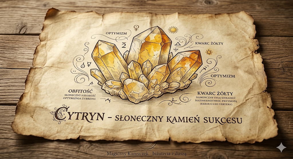 Rycina astrologiczna cytrynu na starym pergaminie, symbole słońca i zodiaku, Magiczny Kamyczek biżuteria z duszą