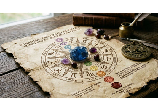 Surowy szafir na starym pergaminie otoczony zodiakiem i czakrami 