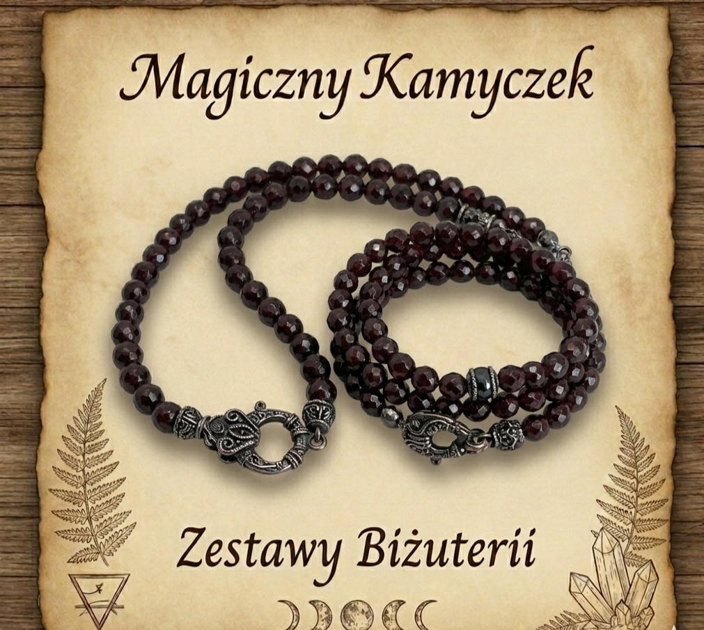 Zestaw biżuterii z granatów na starym pergaminie 