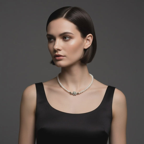 Naszyjnik z białych pereł na szyi modelki