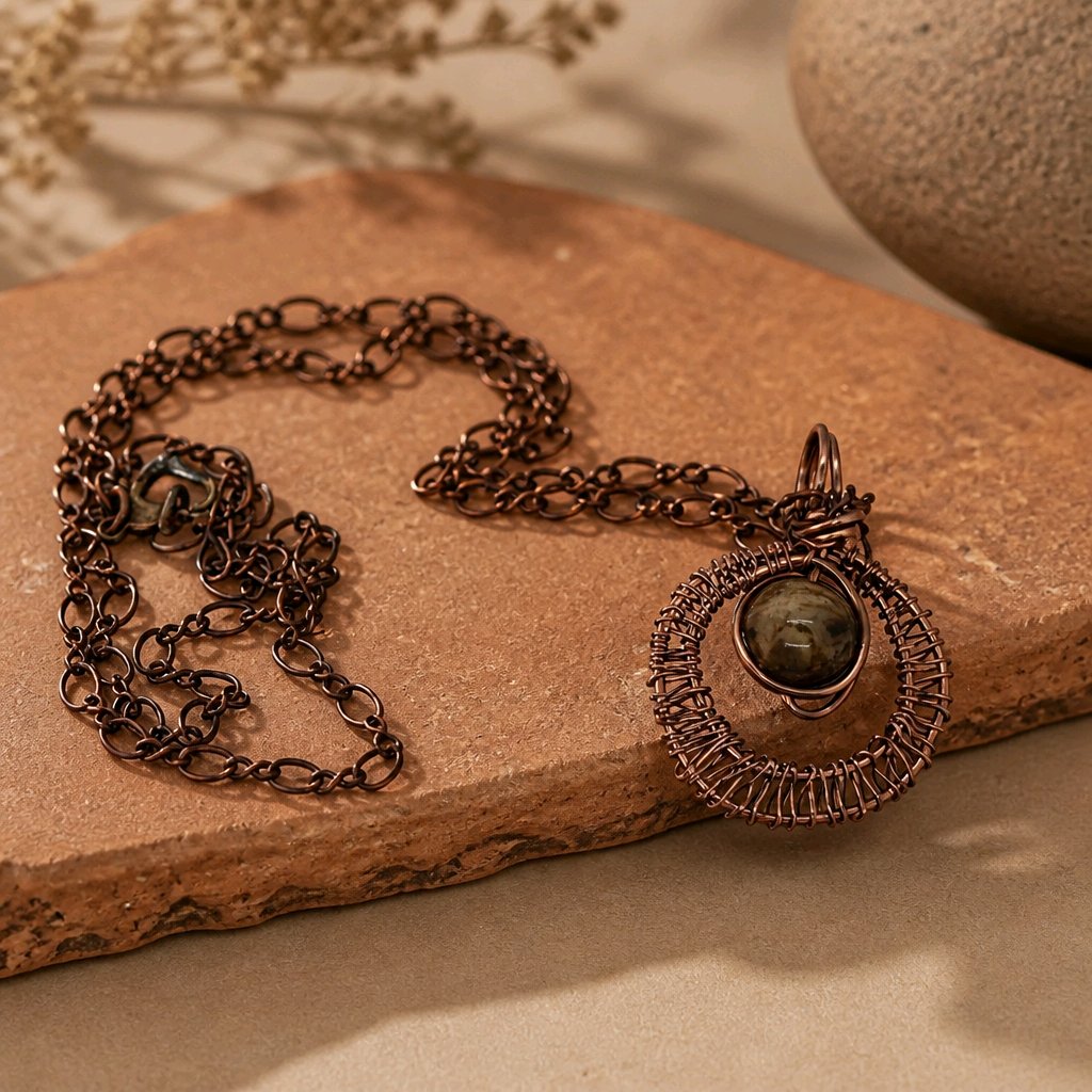 Naszyjnik z miedzi z jaspisem na łańcuszku w kształcie koła 