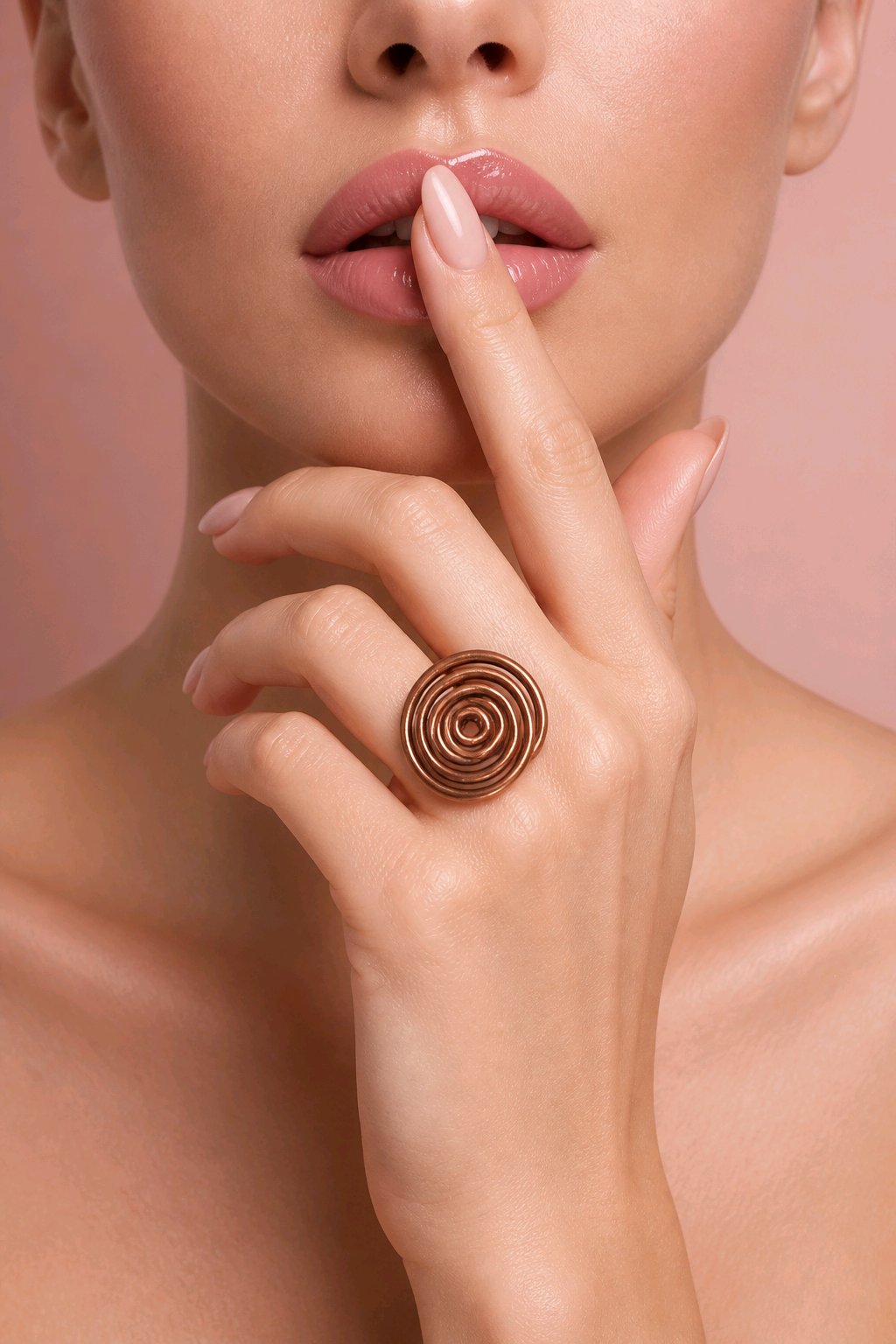 Pierśionek z miedzi w kształcie spiralnego koła na ręku modelki